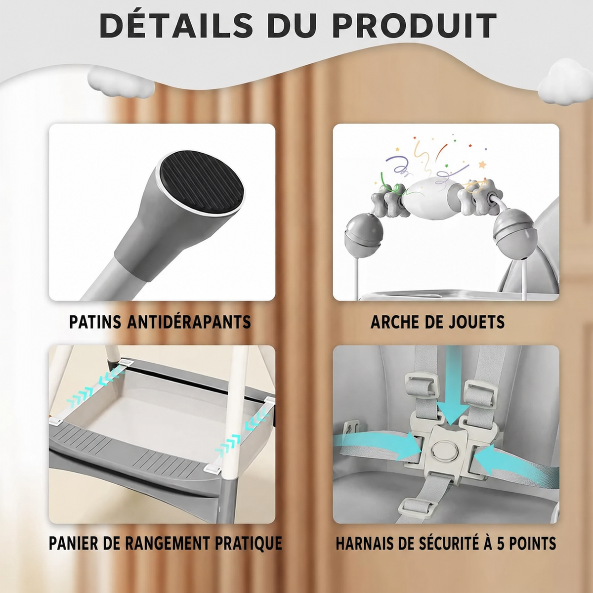 Chaise haute pliée contre un canapé et les deux étapes du pliage