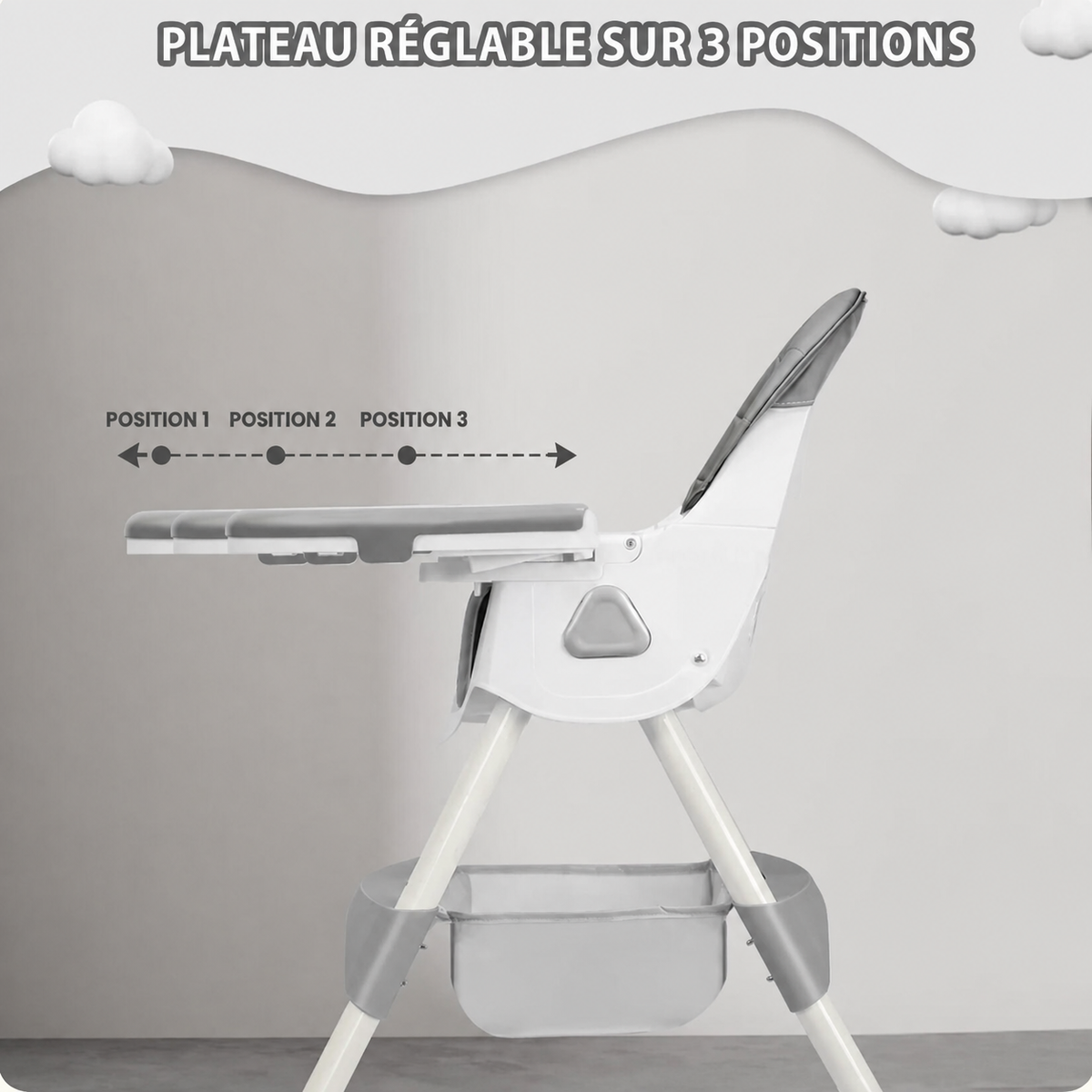 Plateau de la chaise haute réglable sur trois positions de profondeur