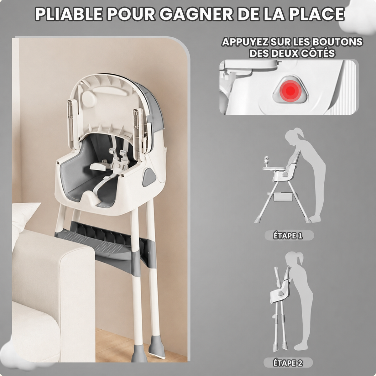 Plateau à deux niveaux, amovible et lavable après chaque repas