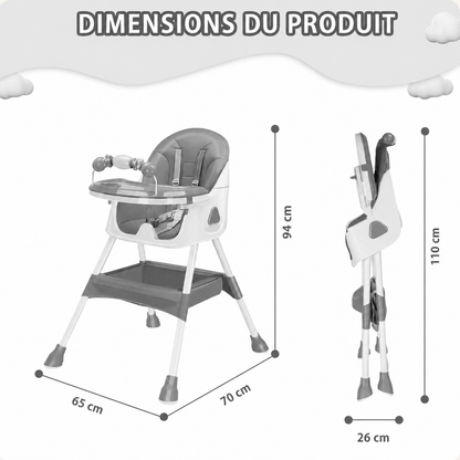 Détails de la chaise haute : patins antidérapants, arche de jouets, panier de rangement et harnais de sécurité 5 points